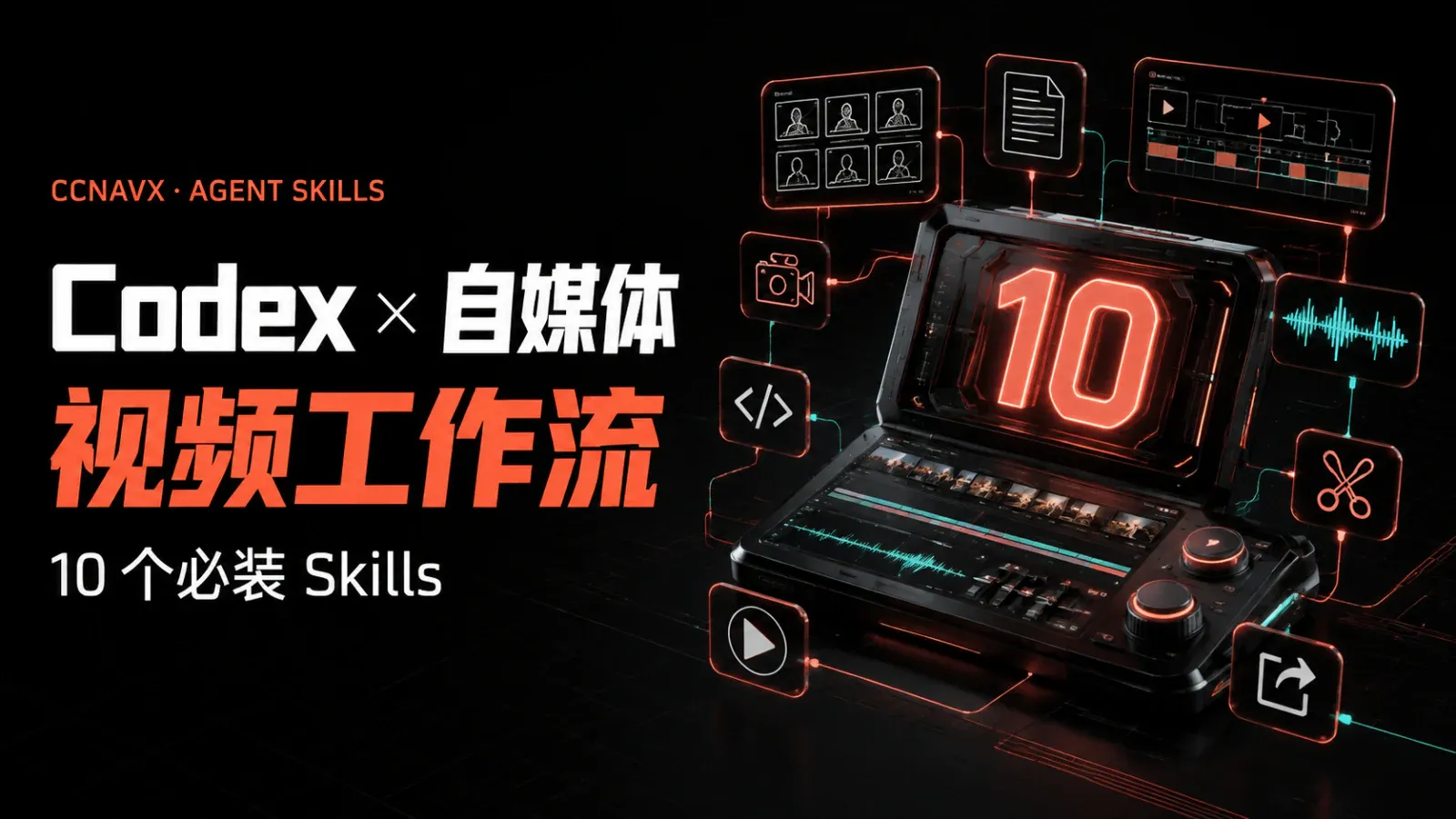Codex 自媒体视频工作流封面，10 个必装 Skills 连接分镜、代码、音频、剪辑与导出环节
